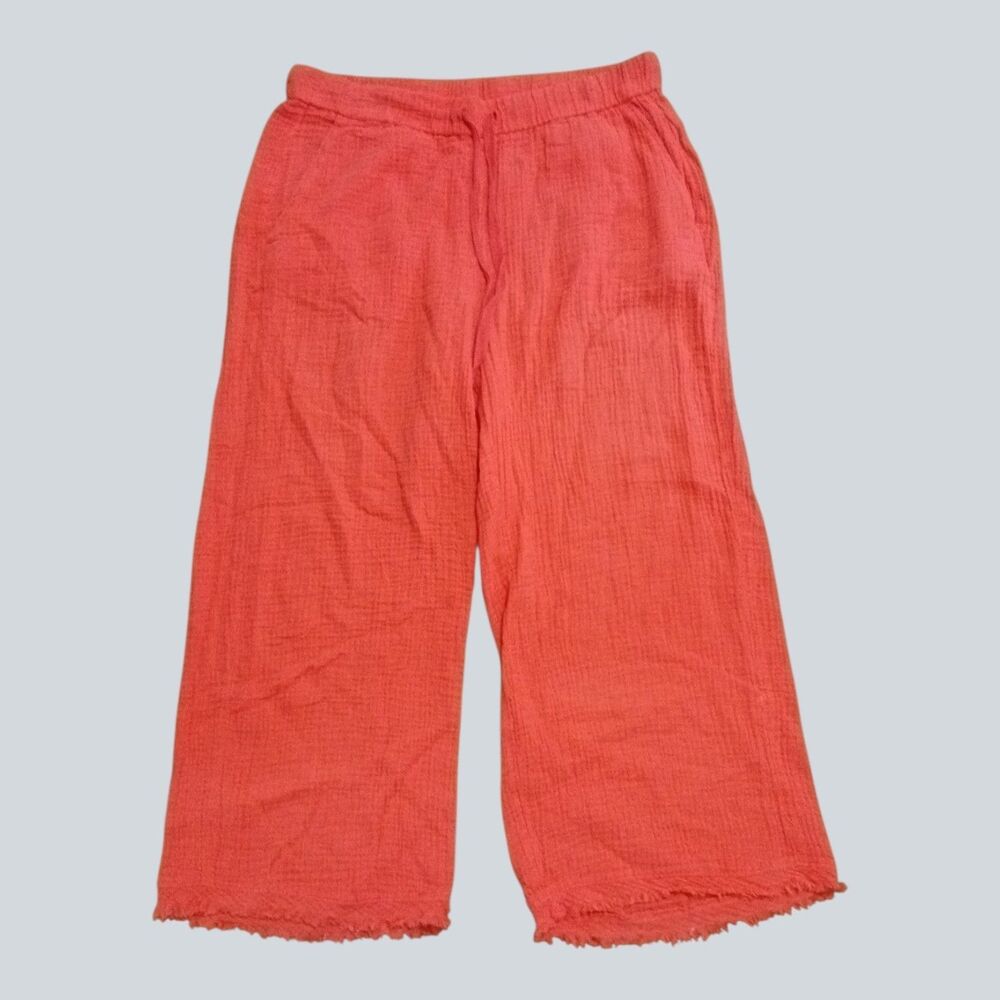 Eileen Fisher Organic Cotton Gauze Crop Pants Womens M Coral Wide Leg Pull On